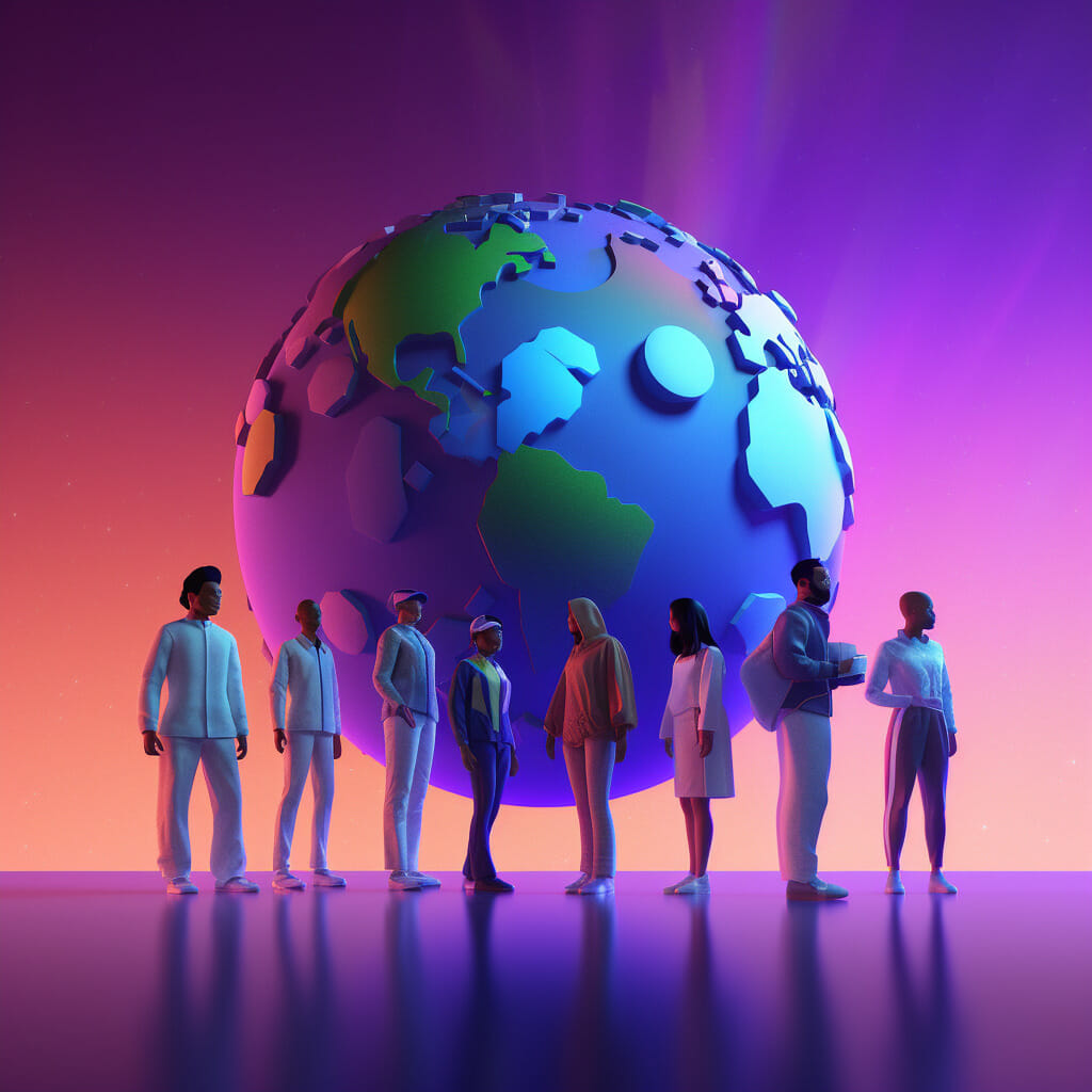 The circular economy isn’t anything fancy. Circular is the way life works! | curaJOY A group of people standing around a globe, promoting healthcare equity and family wellness.