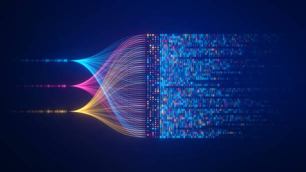 Abstract visualization of data augmentation and processing, with multi-colored lines converging and transforming into blocks of binary code on a dark blue background.